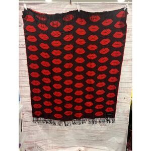 Victoria's Secret Red Black Lips Knit Throw Blanket Fringe Reversible 371668-093